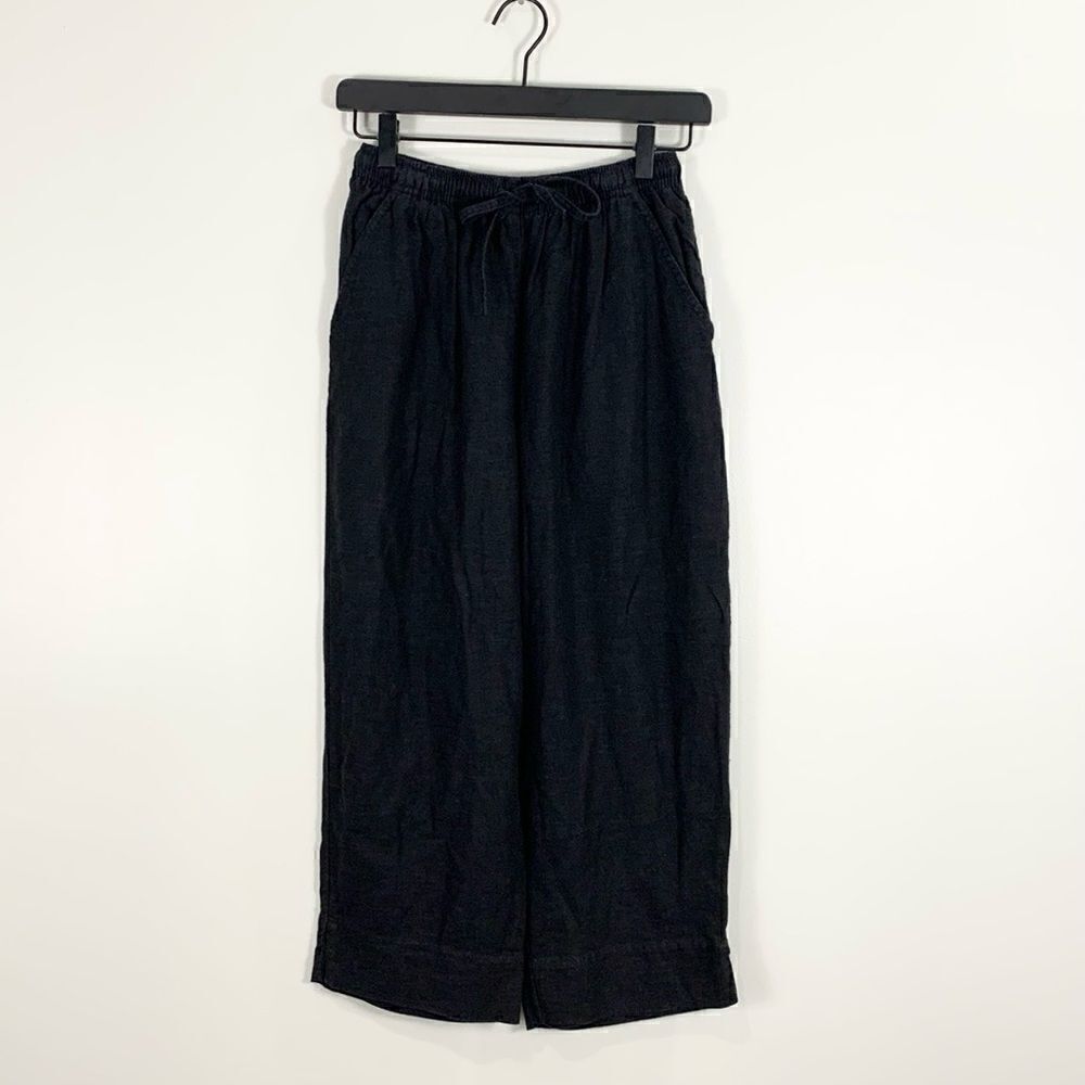 Erika vintage cropped black linen blend wide leg elastic waist pant petite small